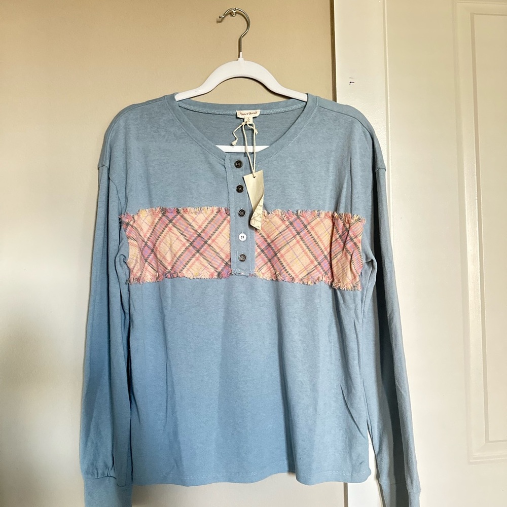 Hem & Thread - NWT Blue Long Sleeve Top with Plaid Accent